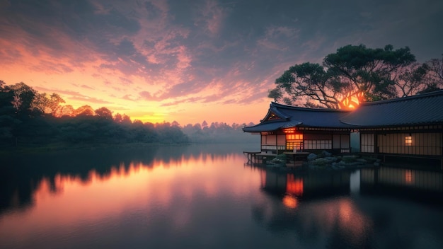 A house on a lake with a sunset in the background