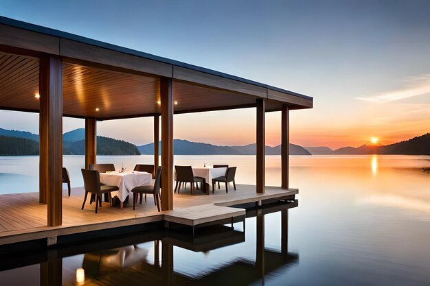 A house on a lake with a view of the mountains and the sunset