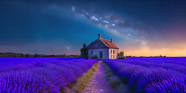 A house in a lavender field with the milky way in the background