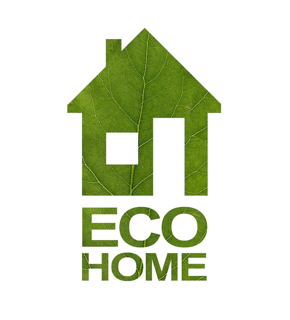 Домашний логотип из зеленого листа. Надпись ECO HOME. Крупный план