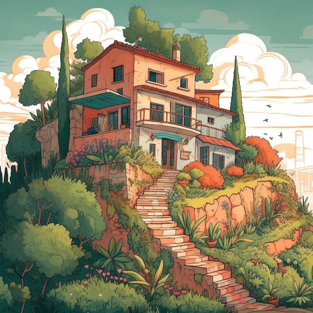 A house and lush garden on a hill