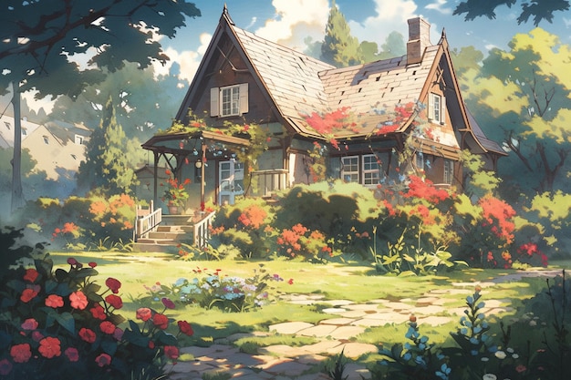 Дом и пышный сад на холме