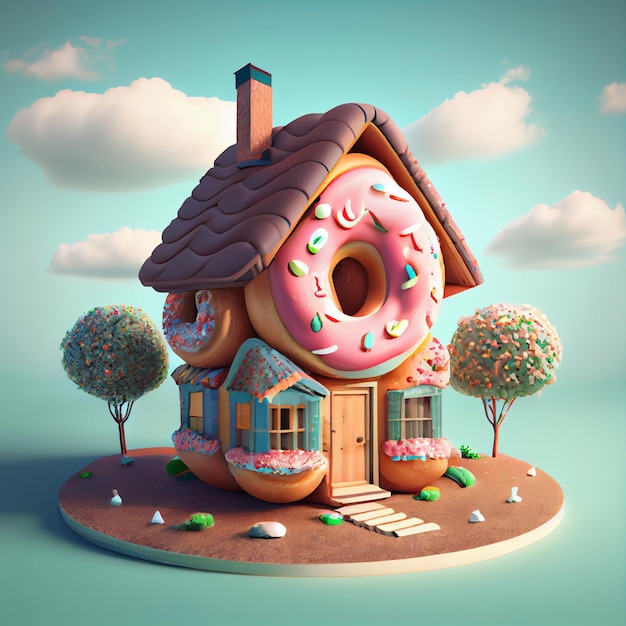 House made of donuts kawaii chocolate house 3d render illustration