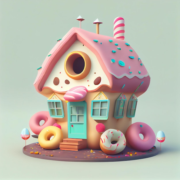House made of donuts kawaii chocolate house 3d render illustration