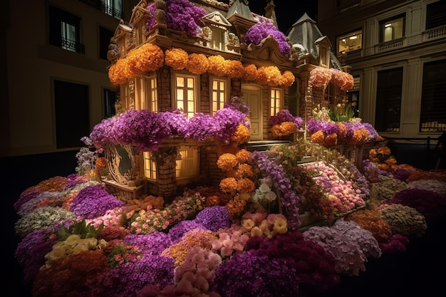 A house made of flowers is surrounded by flowers.