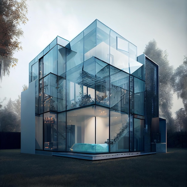 House made of glass surrounded by nature transparent building