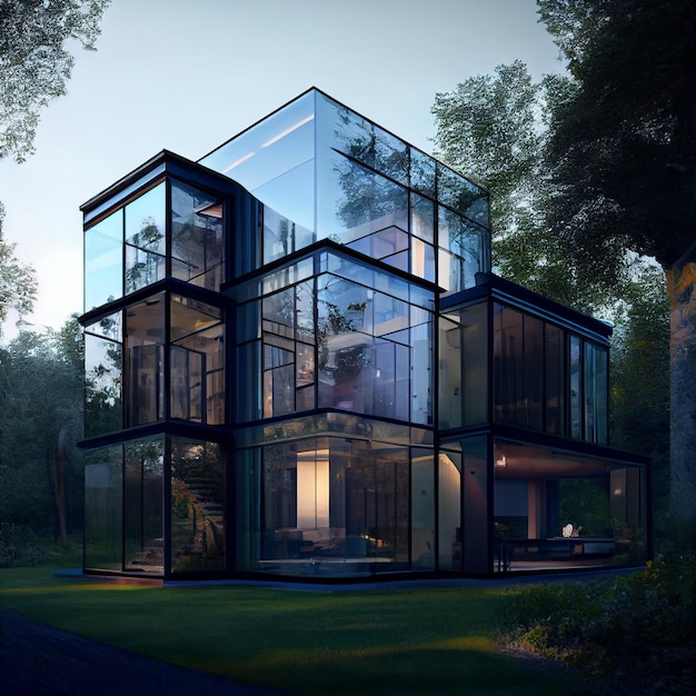 House made of glass surrounded by nature transparent building