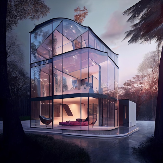 House made of glass surrounded by nature transparent building