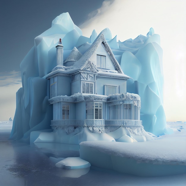 Photo house made of ice frozen house in the snowy arctic 3d render