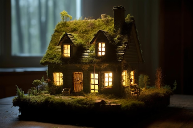 house made out of moss with light coming from the window on top of it