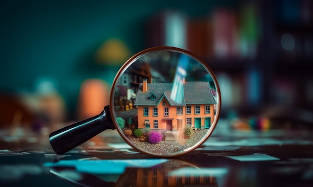 A house under a magnifying glass with a house on the bottom.