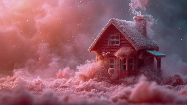 House in the middle of a field and clouds with red pink smoke coming out of the chimney