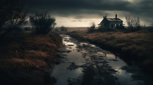 A house in the middle of a field with a dark sky and clouds