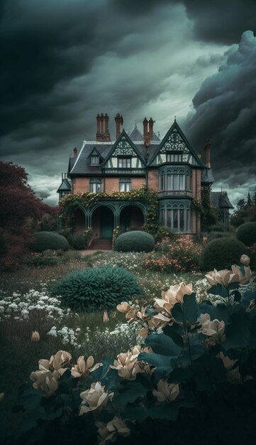 A house in the middle of a field with flowers and a cloudy sky