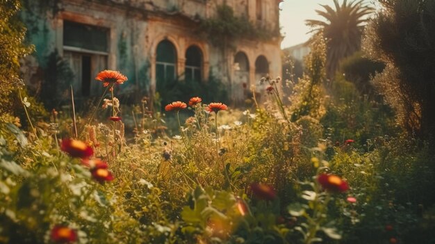 A house in the middle of a garden with flowers in front of it