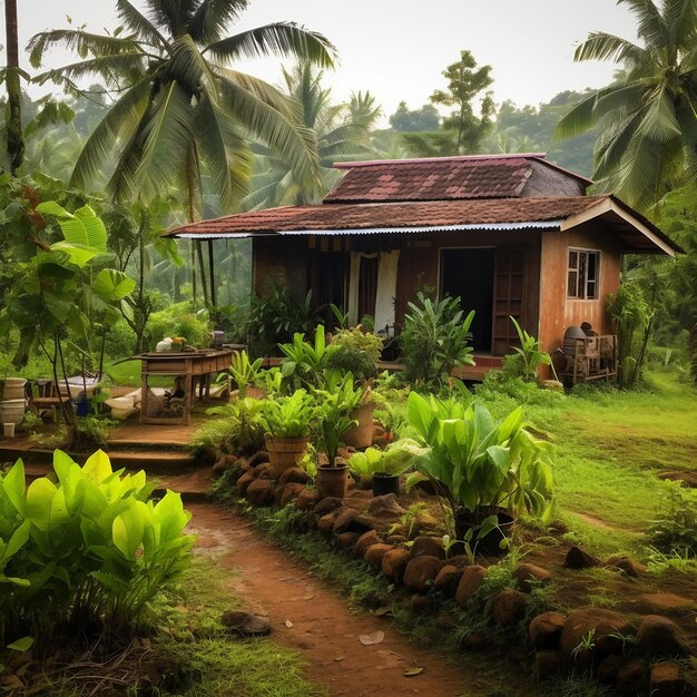 A house in the middle of a lush green forest