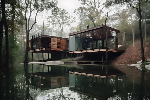 A house in the middle of a pond with a glass wall.