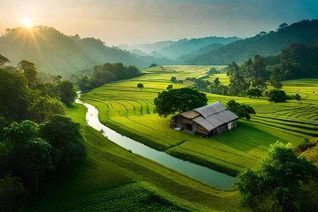 A house in the middle of a rice field