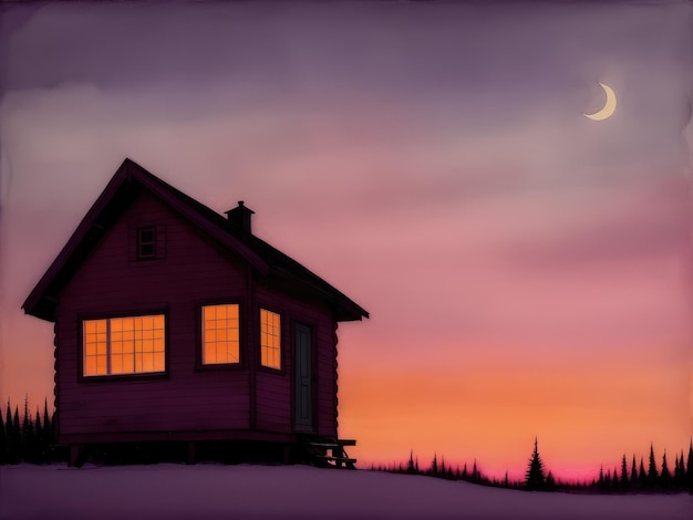 A house in the middle of a snowy field with a moon in the sky