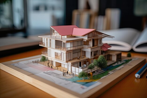 house model and architectural drawing placed on a desk