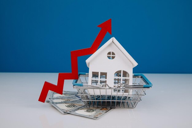 House model in a basket and red arrow up the concept of inflation and the growth price of insurance