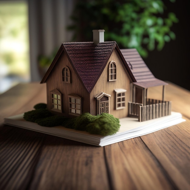 木製テーブルの上に展示された住宅モデル Generative Ai
