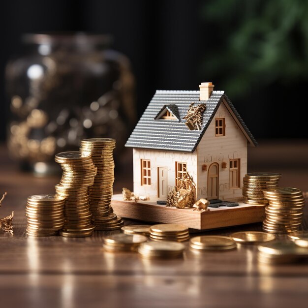 House model and gold coins on wooden table Mortgage and financial concept