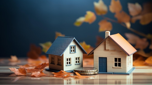 House model with coins and autumn leaves on dark background Real estate concept