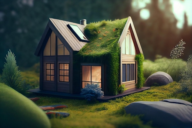 House model with moss on the roof generative ai