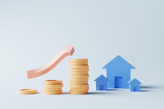 House model with stacking coins increasing arrow on blue
background money savings for buying new house real estate business
investment concept 3d rendering