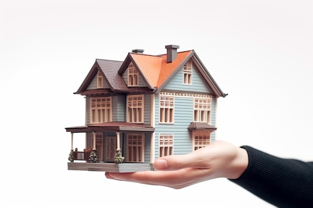 House model in woman hand on white background Real estate concept