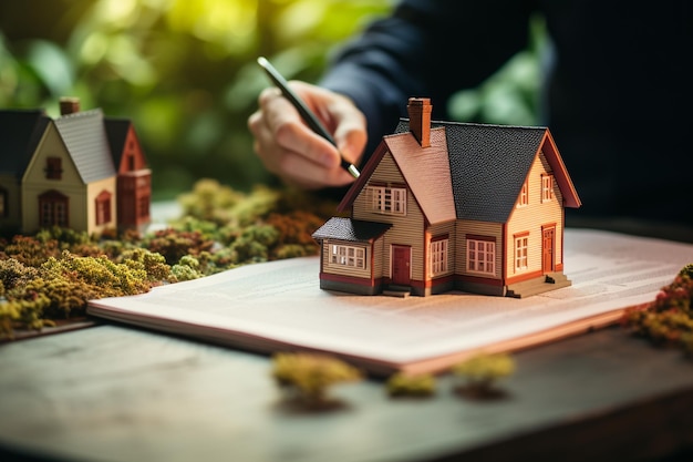 House model on a wooden table with a notebook and a pen