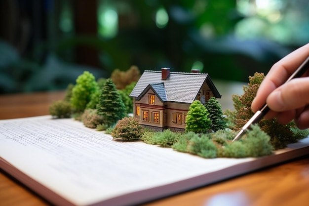 공책과 펜이 있는 나무 테이블 위의 집 모델