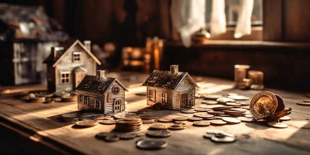 House models on the table next to coins