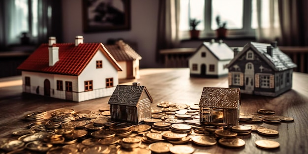 House models on the table next to coins