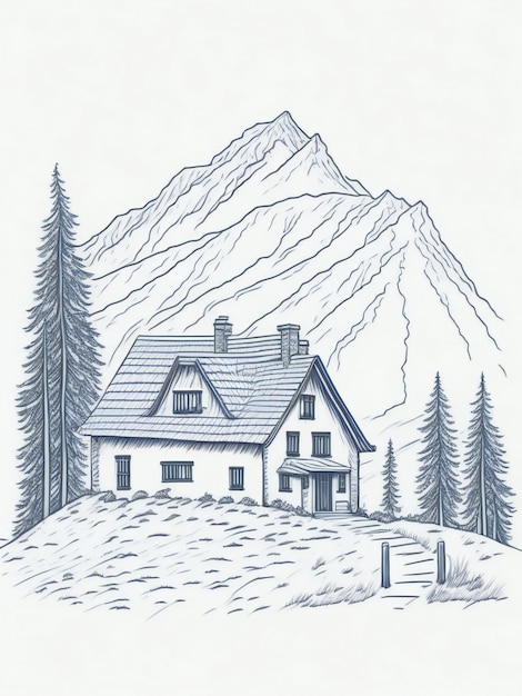 Photo house in mountain landscape hand drawn sketch illustration