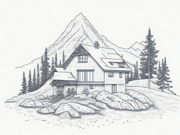 house in mountain landscape hand drawn sketch illustration