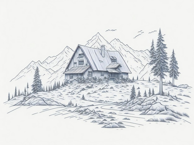 house in mountain landscape hand drawn sketch illustration