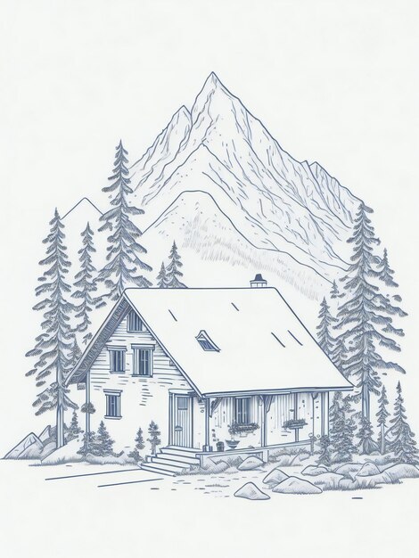 山の風景手描きのスケッチ図の家