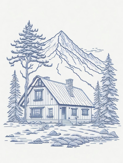 Photo house in mountain landscape hand drawn sketch illustration