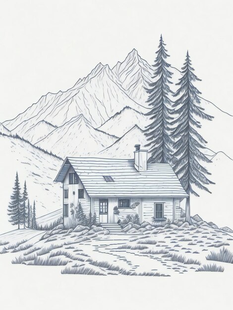 Foto casa nell'illustrazione di schizzo disegnato a mano del paesaggio della montagna