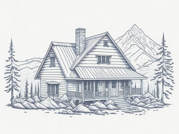 house in mountain landscape hand drawn sketch illustration