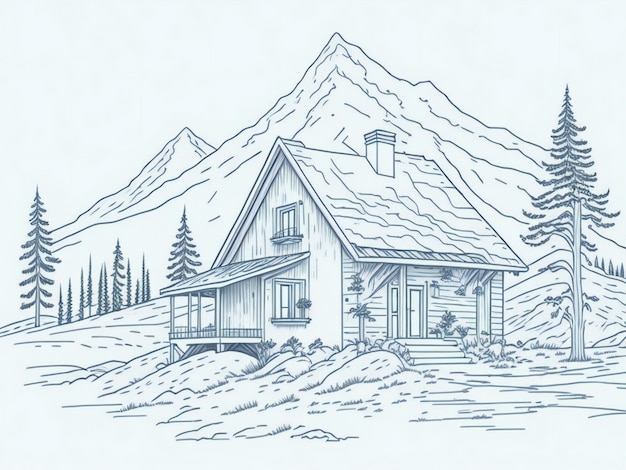 Photo house in mountain landscape hand drawn sketch illustration