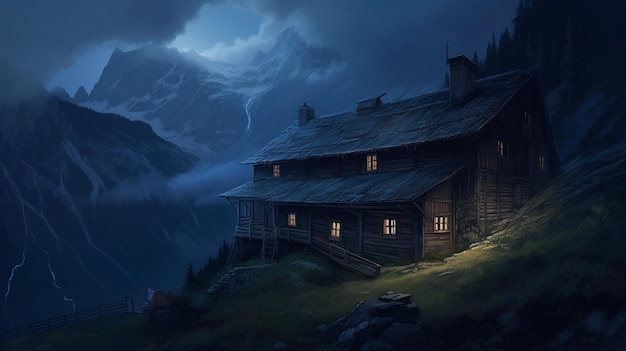 A house on a mountain at night