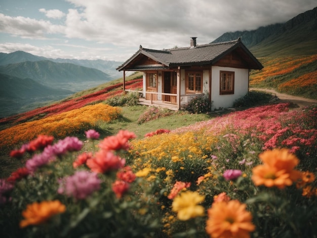 Photo house in the mountain with colorful flowers