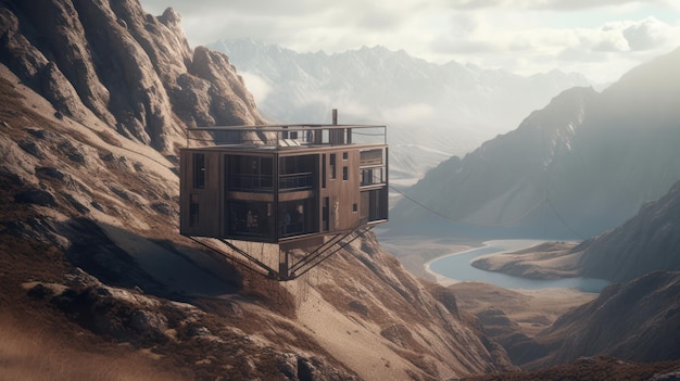 A house on a mountain with a river in the background