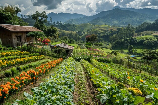 House and Mountains in a Garden Setting