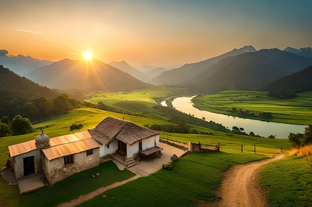 A house in the mountains at sunset