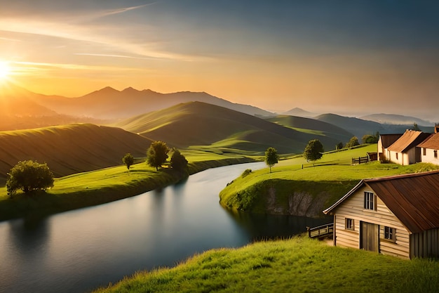 夕暮れ時の山の家