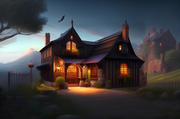 Дом в горах с птицей, летящей над ним средневековый в полночь